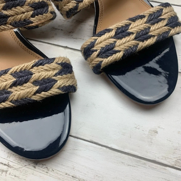 Tory Burch Lola Woven Flat Sandals Blue Patent Leather Boho Heeled Resort 7 - Picture 5 of 7
